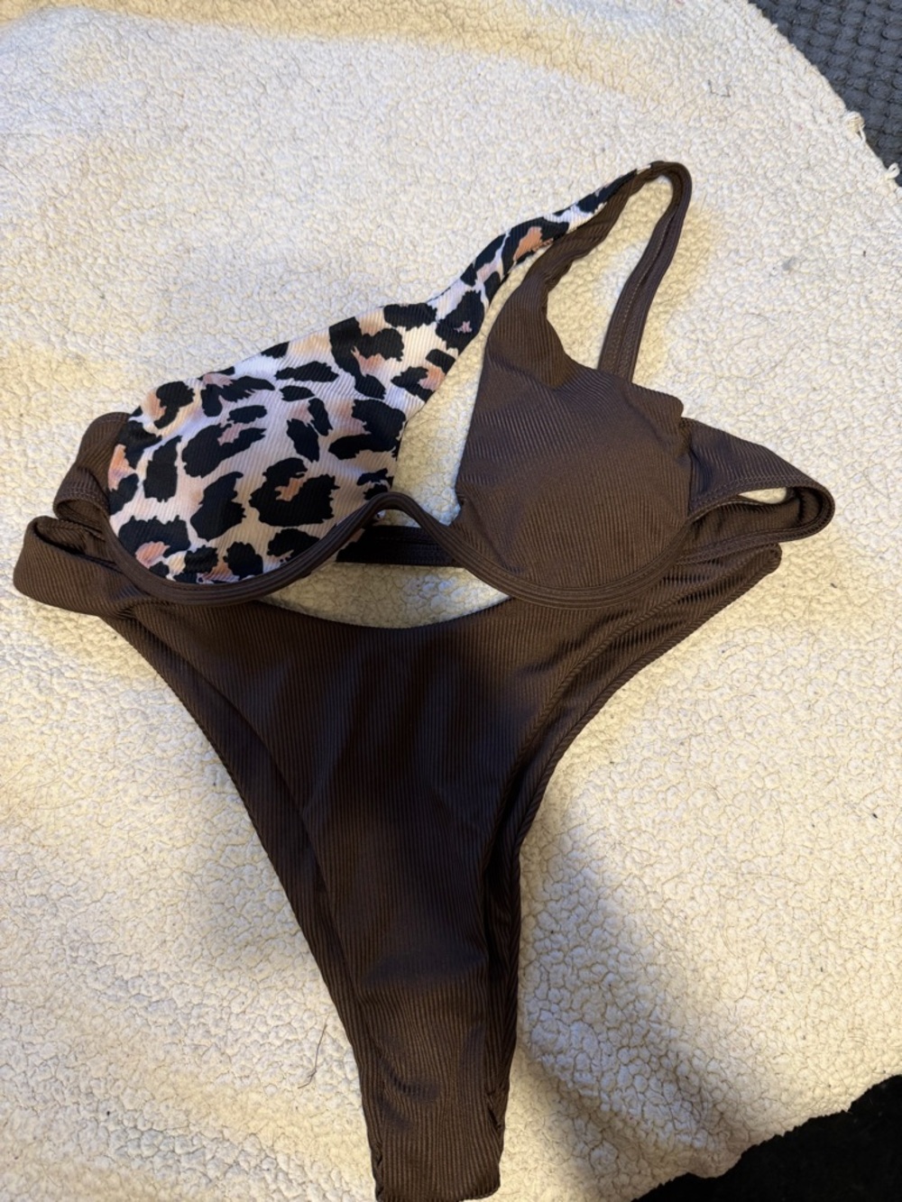 SHEIN Brown Ribbed Bikini Set with Leopard Accent
